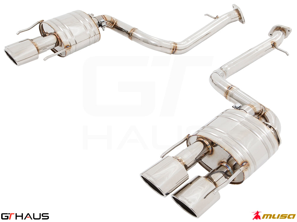 Premium performance exhaust system for Lexus IS500 (V8) 2021+, featuring polished stainless steel construction and quad tips.