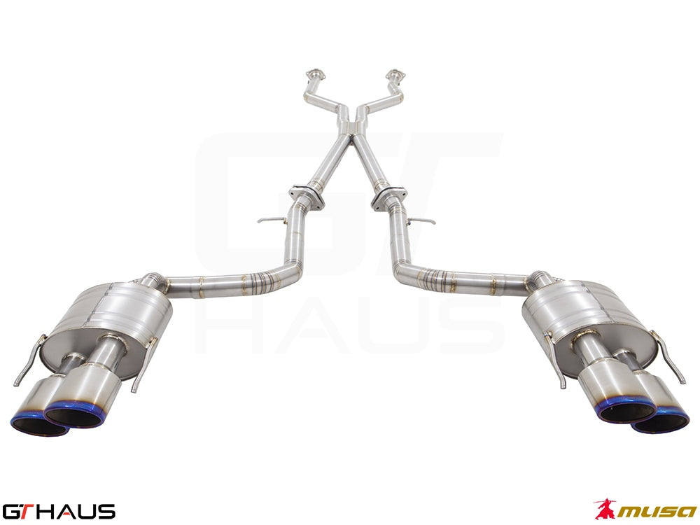 Premium performance exhaust system for Lexus IS500 V8 (2021+) featuring stainless steel construction and dual tips.