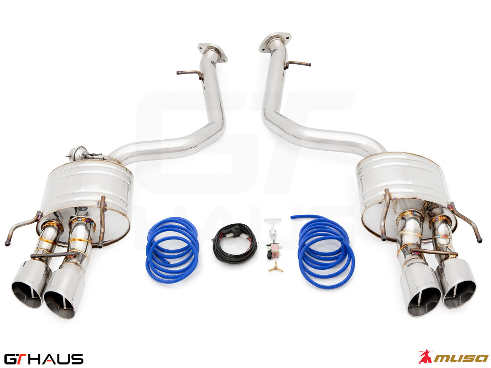 Premium exhaust system for 2021+ Lexus IS350 F-Sport RWD, featuring dual tips and electronic valve control.