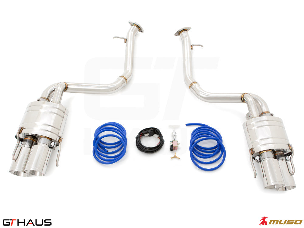 Premium performance exhaust system for Lexus RC F V8 (2014+) featuring stainless steel construction and electronic valve control.