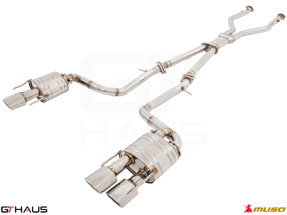 Premium performance exhaust system for Lexus RC-F (V8) 2014+, featuring stainless steel construction and dual tips.