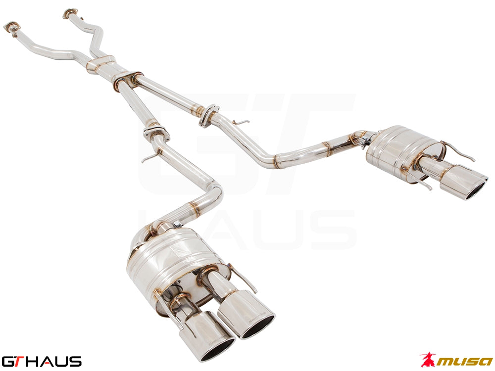 Premium performance exhaust system for Lexus RC-F V8 (2014+) featuring stainless steel construction and dual tips.