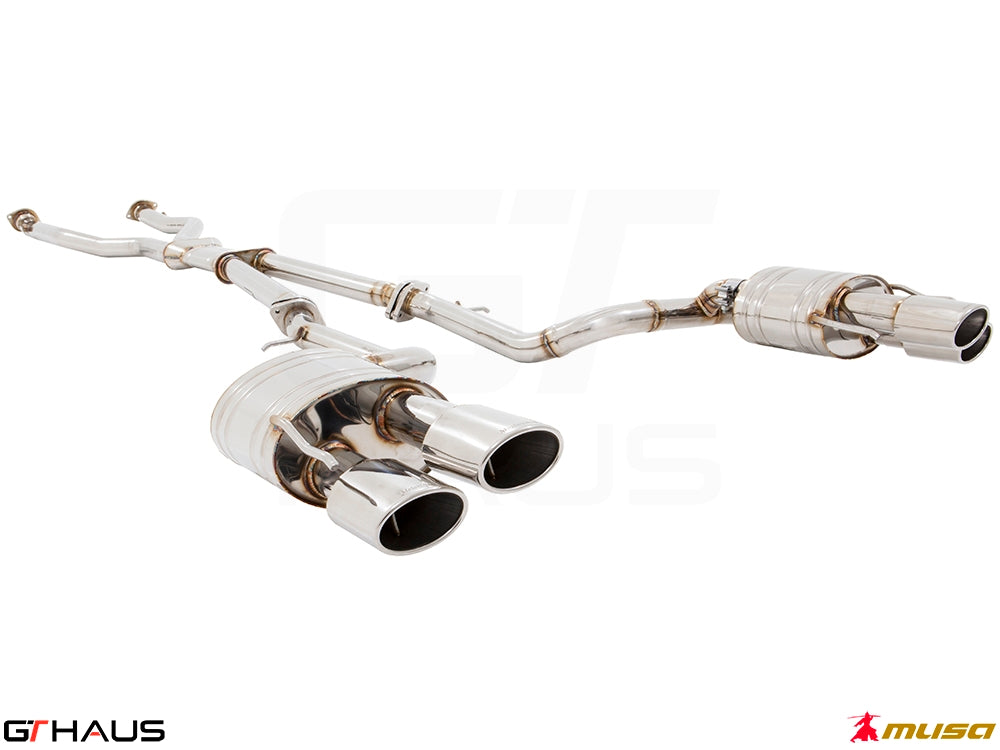 Premium performance exhaust system for Lexus RC-F V8 (2014+) featuring stainless steel construction and dual tips.