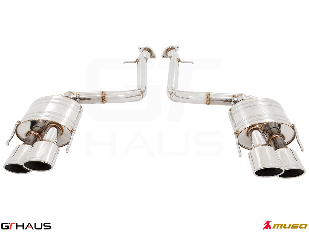 Premium performance exhaust system for Lexus RC-F V8 (2014+) featuring polished stainless steel construction and quad tips.