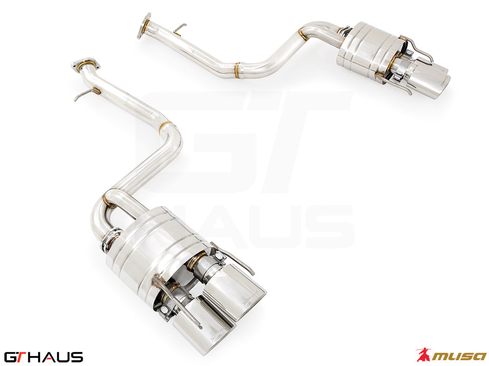 Premium performance exhaust system for Lexus RC-F V8 (2014+) featuring stainless steel construction and dual tips.