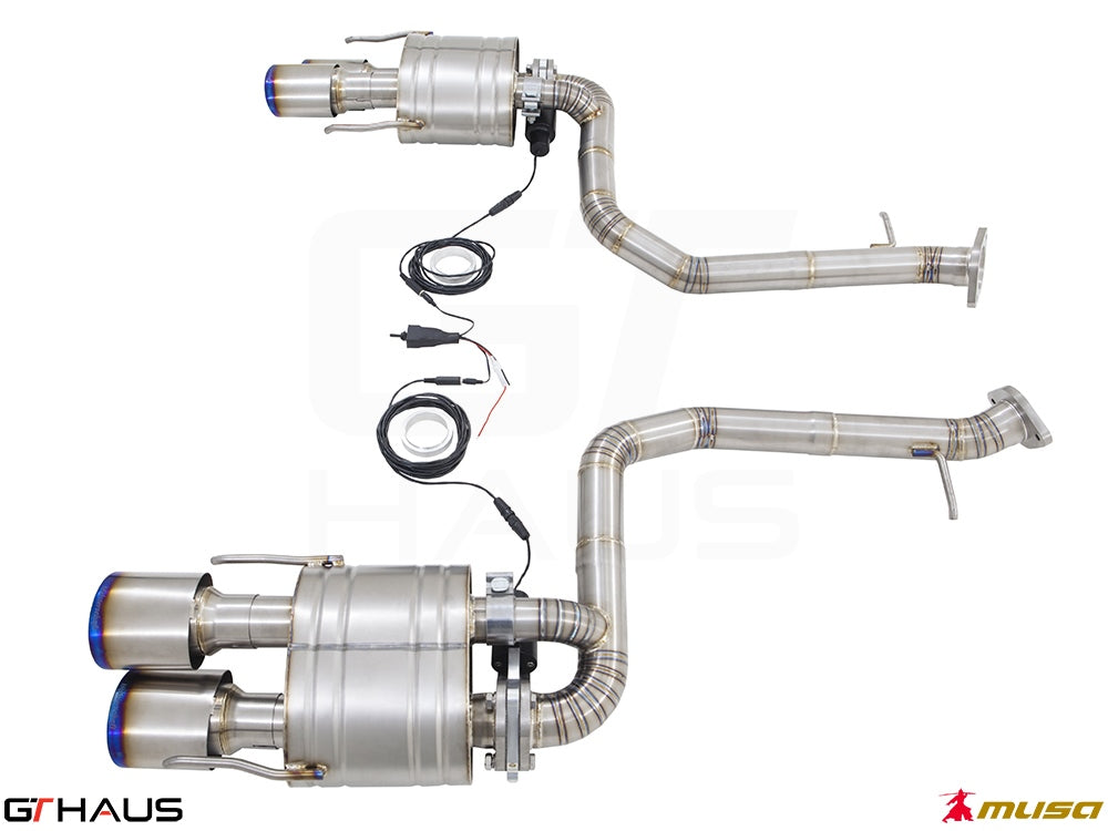Premium performance exhaust system for Lexus RC F V8 (2014+) featuring stainless steel construction and electronic valve control.