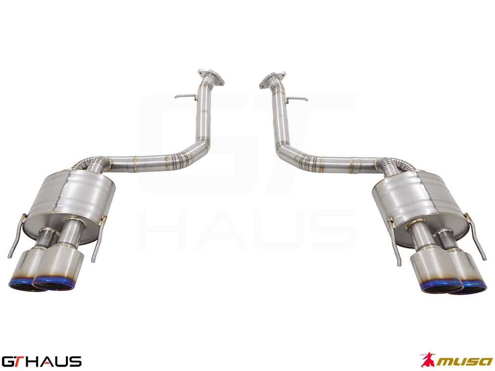 Premium performance exhaust system for Lexus RC-F V8 (2014+) featuring stainless steel construction and dual tips.