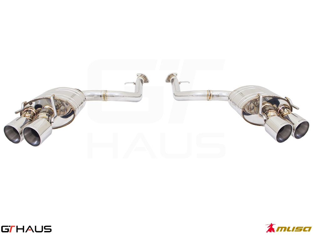 Premium performance exhaust system for Lexus RC 350/350 F-Sport AWD, featuring polished stainless steel dual tips.