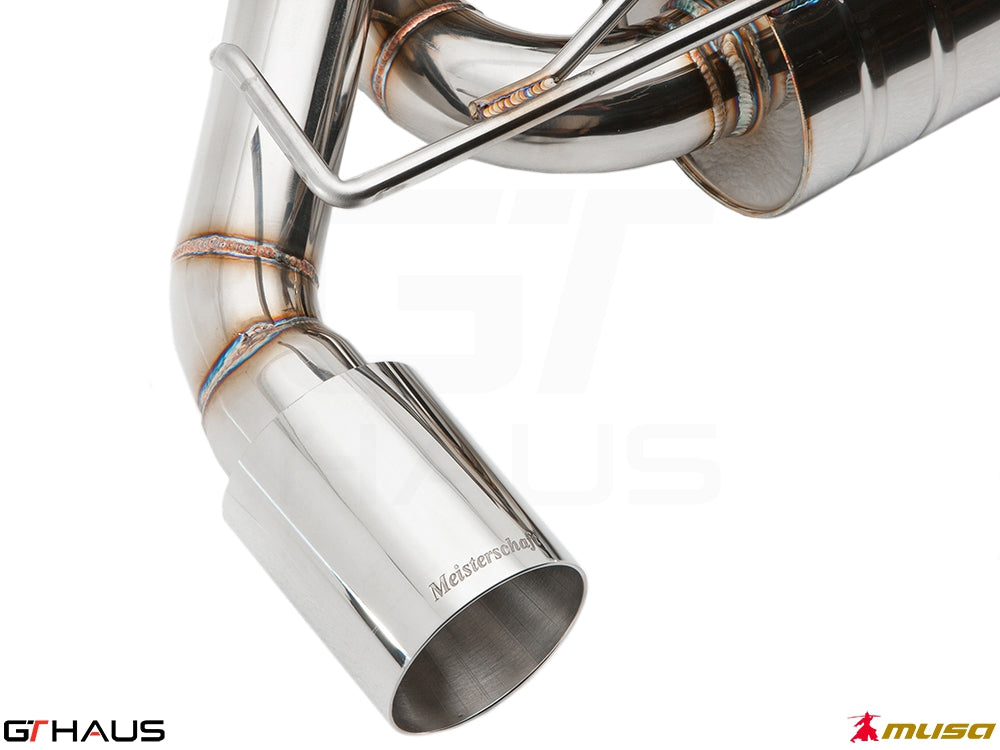 Premium exhaust system for Nissan 370Z Nismo Edition featuring polished stainless steel and precision welding.