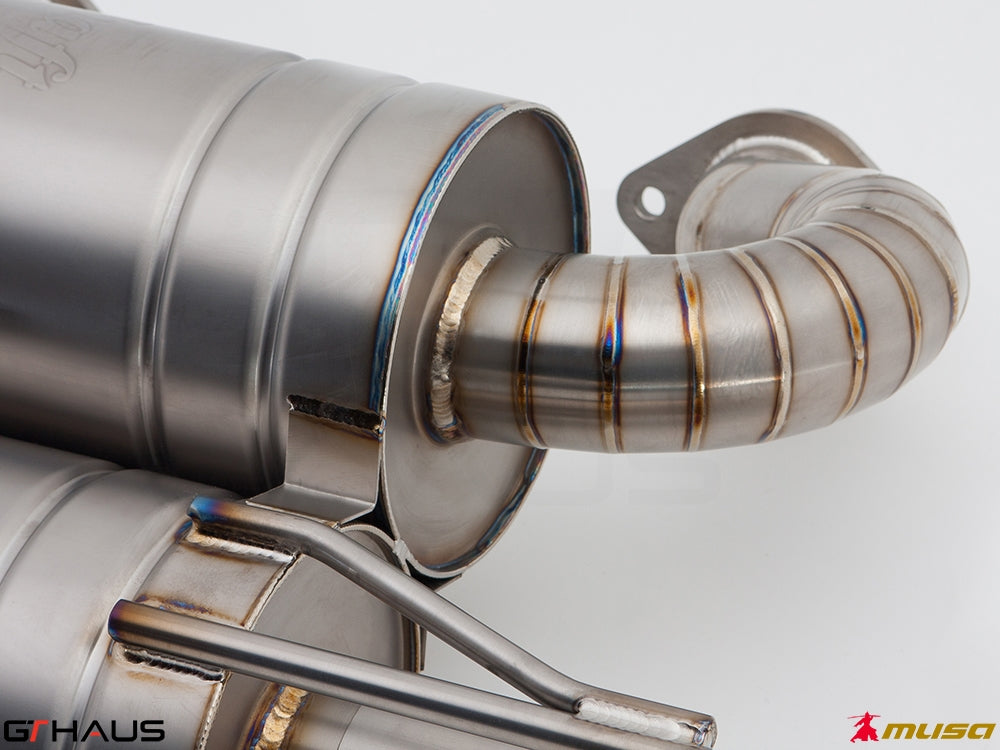 Premium exhaust system for Nissan 370Z Nismo Edition, showcasing high-quality stainless steel craftsmanship and design.