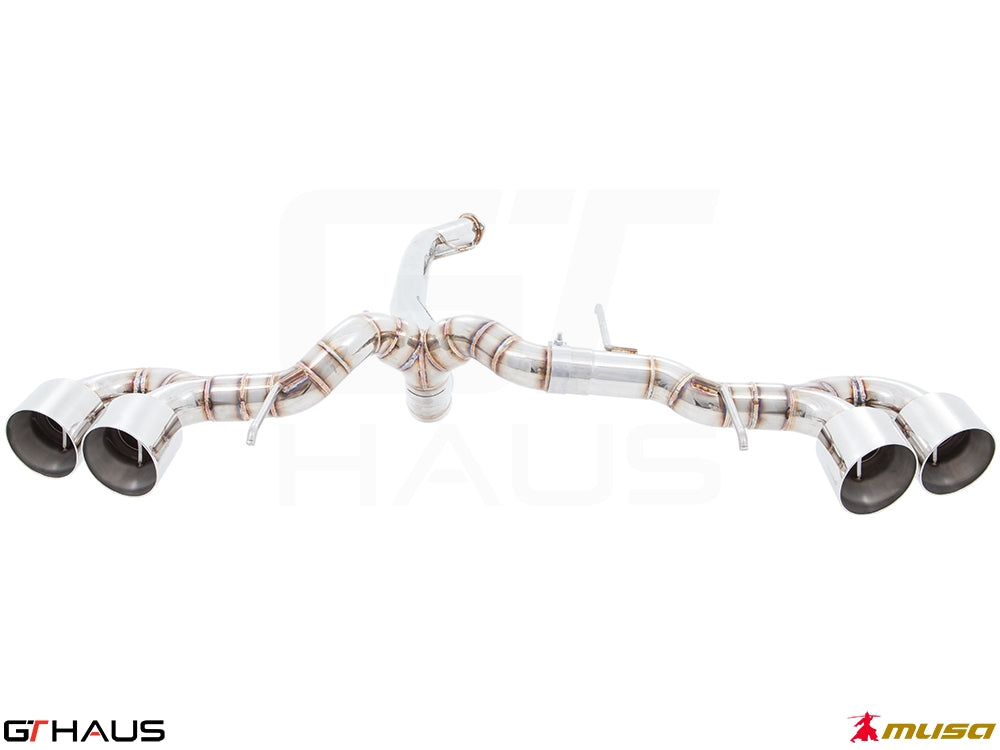 Premium performance exhaust system for Nissan R35 Skyline GT-R, featuring stainless steel construction and quad tips.