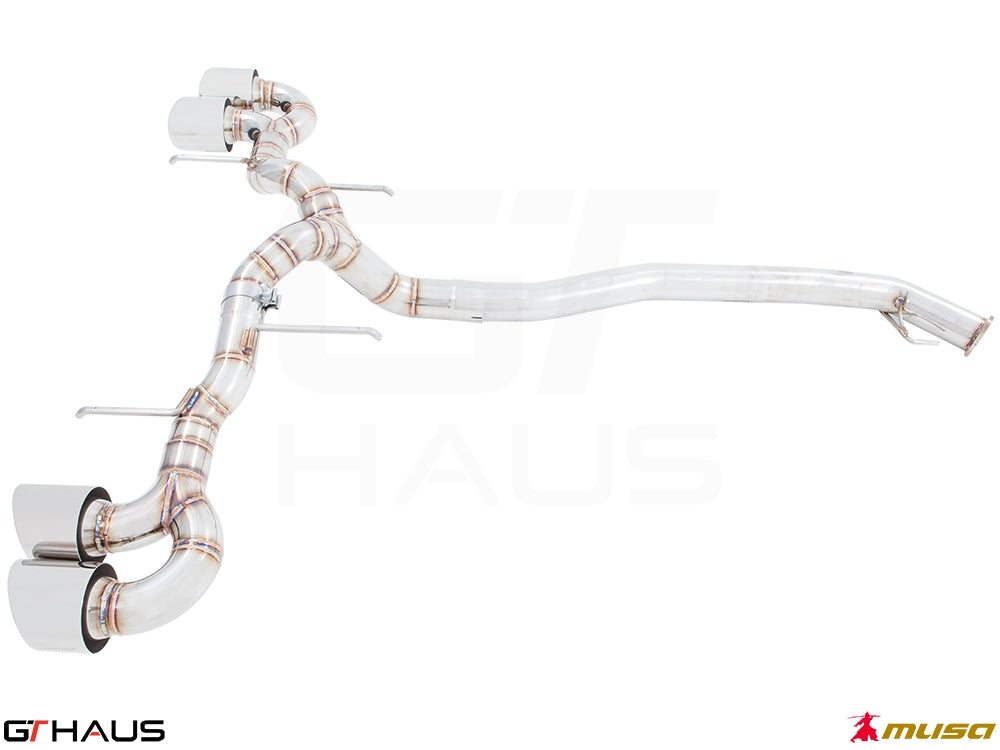 Premium performance exhaust system for Nissan R35 Skyline GT-R (2008-2010) featuring stainless steel construction and dual tips.