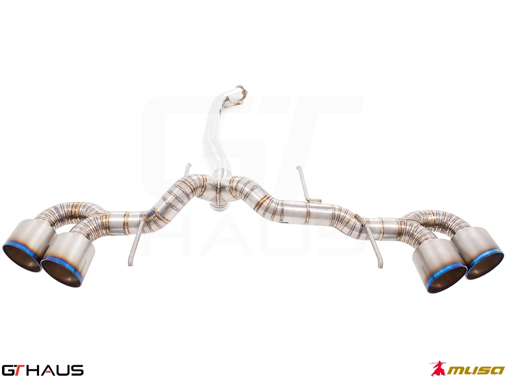 Premium stainless steel exhaust system for 2008-2010 Nissan Skyline GT-R V6 Turbo Coupe with quad tips.