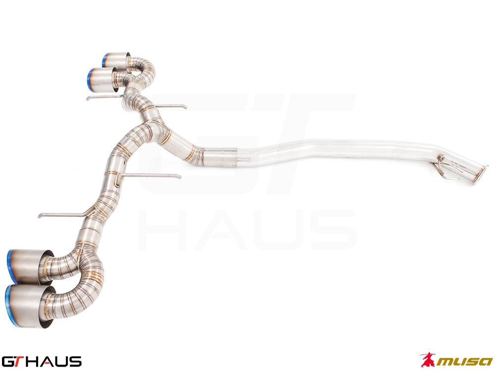 Premium performance exhaust system for Nissan R35 Skyline GT-R, featuring stainless steel construction and triple tips.