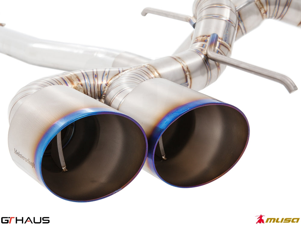 Premium exhaust system for Nissan R35 Skyline GT-R featuring dual titanium tips and high-performance design.