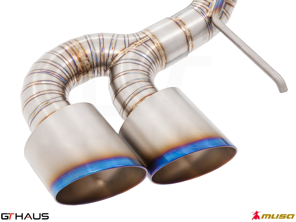 Premium exhaust system for Nissan R35 Skyline GT-R featuring dual tips with a polished finish and unique blue tint.