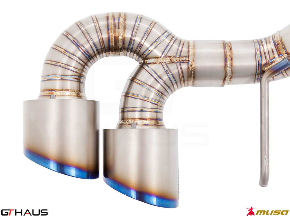 Premium exhaust system for Nissan R35 Skyline GT-R, featuring dual tips and high-quality stainless steel construction.