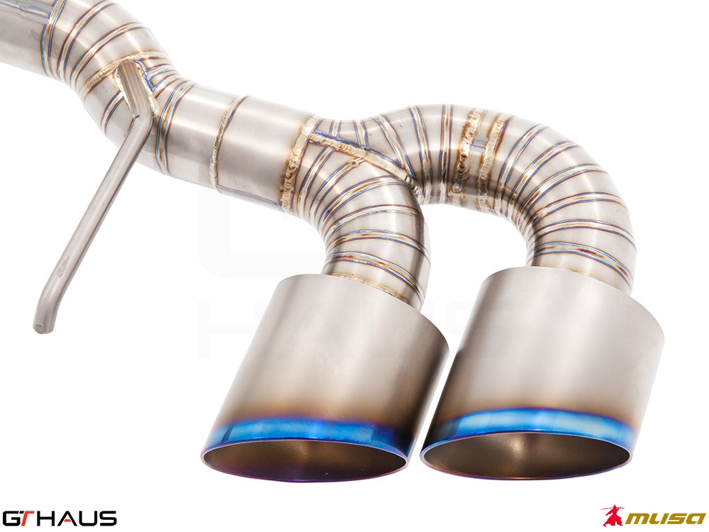 Premium exhaust tips for Nissan R35 Skyline GT-R, showcasing high-quality stainless steel and unique blue finish.