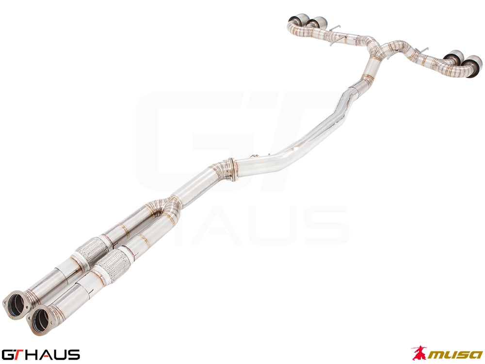 Premium performance exhaust system for the Nissan R35 Skyline GT-R, featuring stainless steel construction and dual tips.