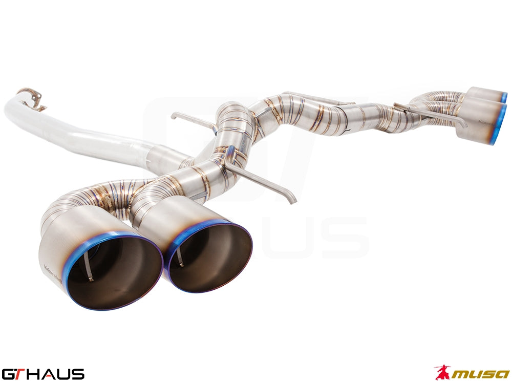 Premium exhaust system for Nissan R35 Skyline GT-R featuring dual tips and high-performance stainless steel construction.