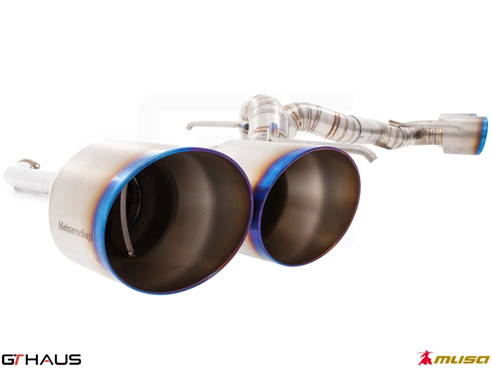 Premium exhaust system for Nissan R35 Skyline GT-R featuring dual titanium tips and advanced valve control technology.