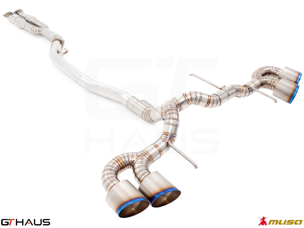 Premium exhaust system for Nissan R35 Skyline GT-R featuring dual tips and high-quality stainless steel construction.