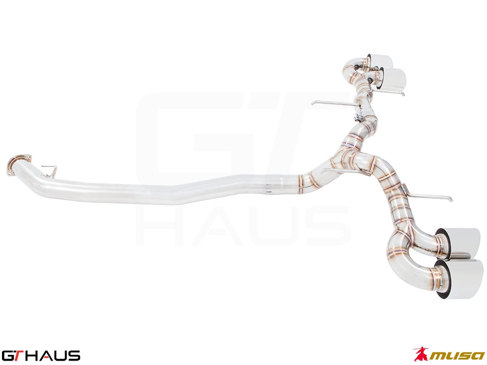 Premium performance exhaust system for Nissan R35 Skyline GT-R, featuring stainless steel construction and dual tips.