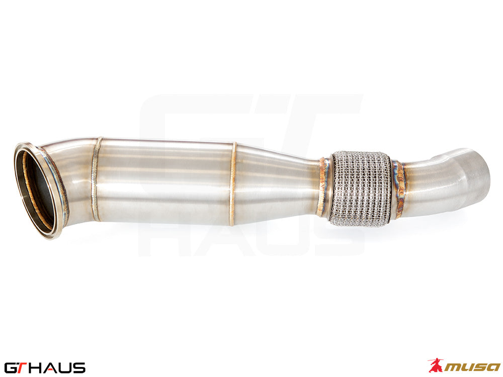 High-performance down pipe for 2020+ Toyota Supra A90, featuring 90mm piping and 400 CEL sport cats for enhanced exhaust flow.