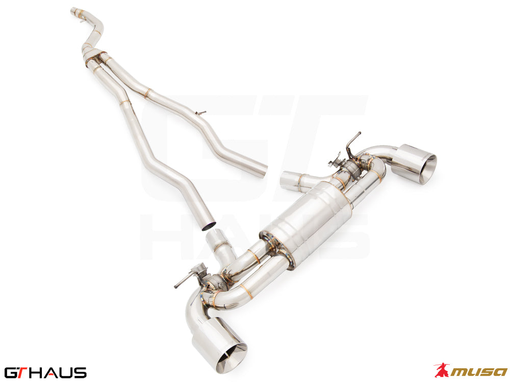Premium stainless steel exhaust system for Toyota Supra A90 3.0L B58, designed for enhanced performance and sound.
