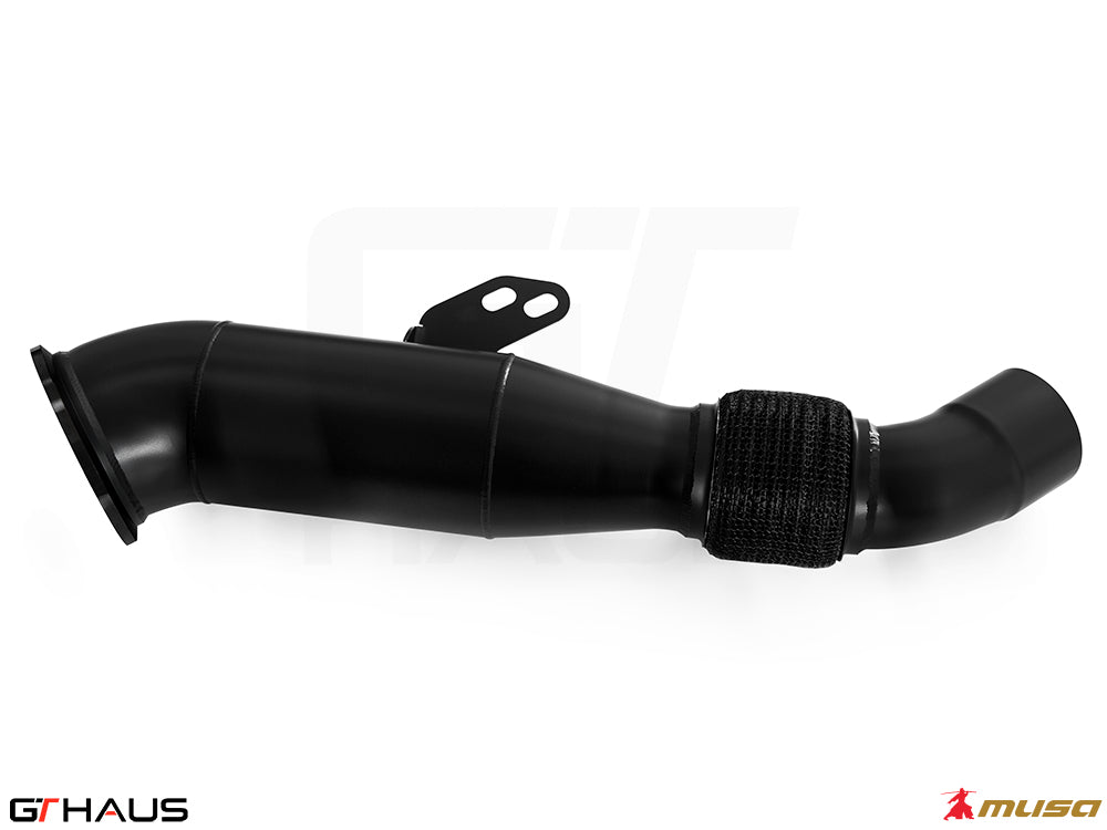 High-performance down pipe for 2020+ Toyota Supra A90 3.0L with 400 CEL sport cats and 90mm piping.