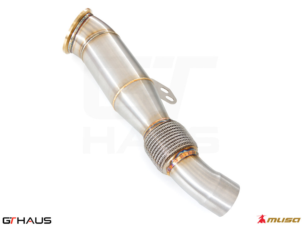 Toyota Supra A90 3.0L 2020+ down pipe with 90mm piping and sport cats for enhanced performance and exhaust flow.