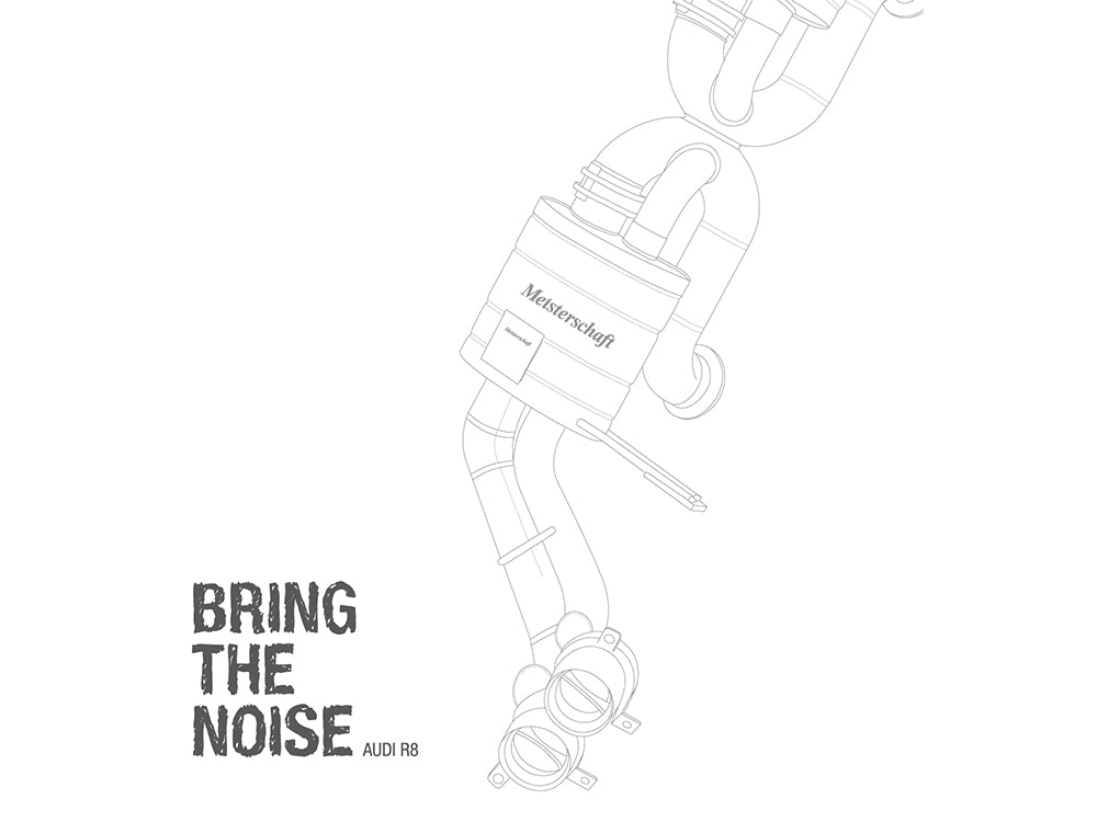 MEISTERSCHAFT Audi R8 T-shirt featuring a detailed exhaust system illustration with the text "Bring the Noise.